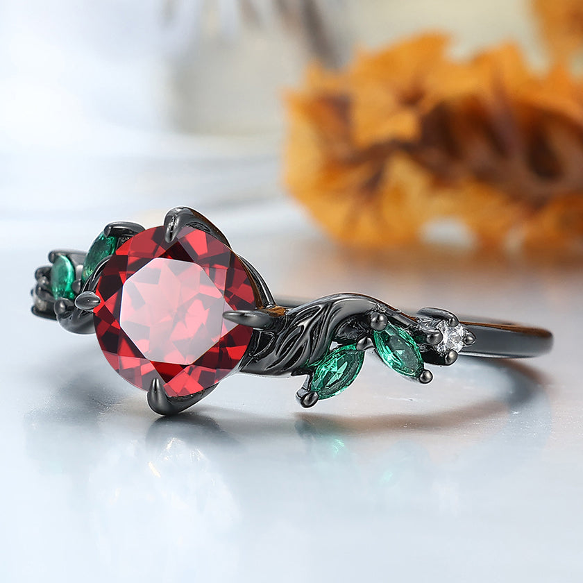 Antique Sprig Red Garnet Engagement Ring Accents Emerald Promise S925 Ring Available in1 0k/14k/18K Gold  Wedding Ring