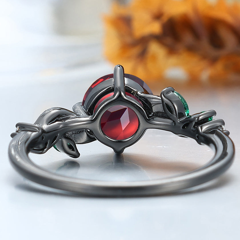 Antique Sprig Red Garnet Engagement Ring Accents Emerald Promise S925 Ring Available in1 0k/14k/18K Gold  Wedding Ring