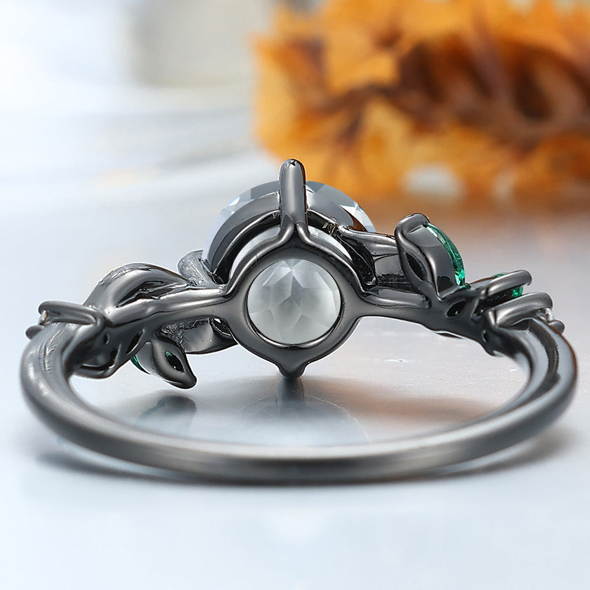 7mm Round Cut Aquamarine Engagement Ring Leaf Design Women Ring Handmade Black Gold Ring