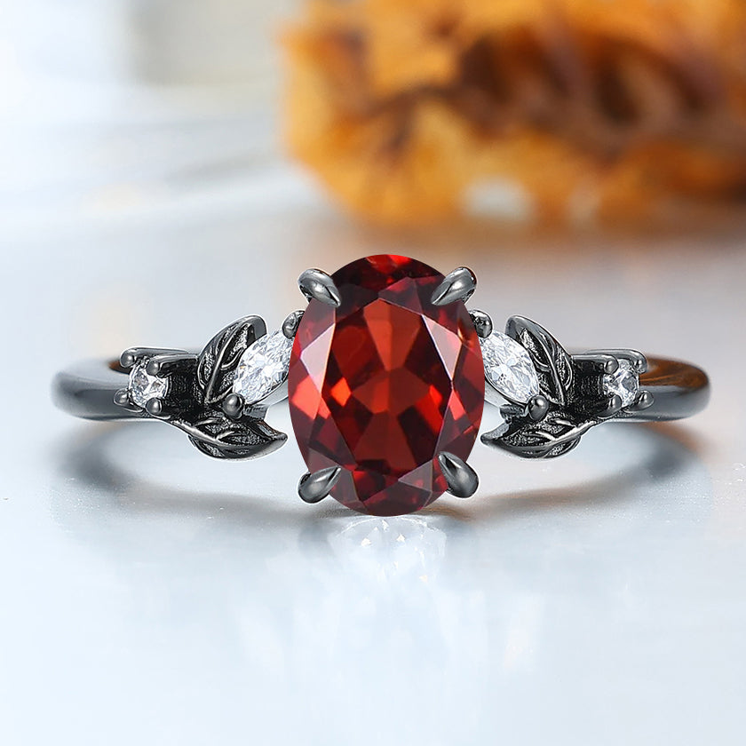 Prongs Setting Oval Nature Red Garnet Engagement Ring Black Plated Leaf Wedding Ring