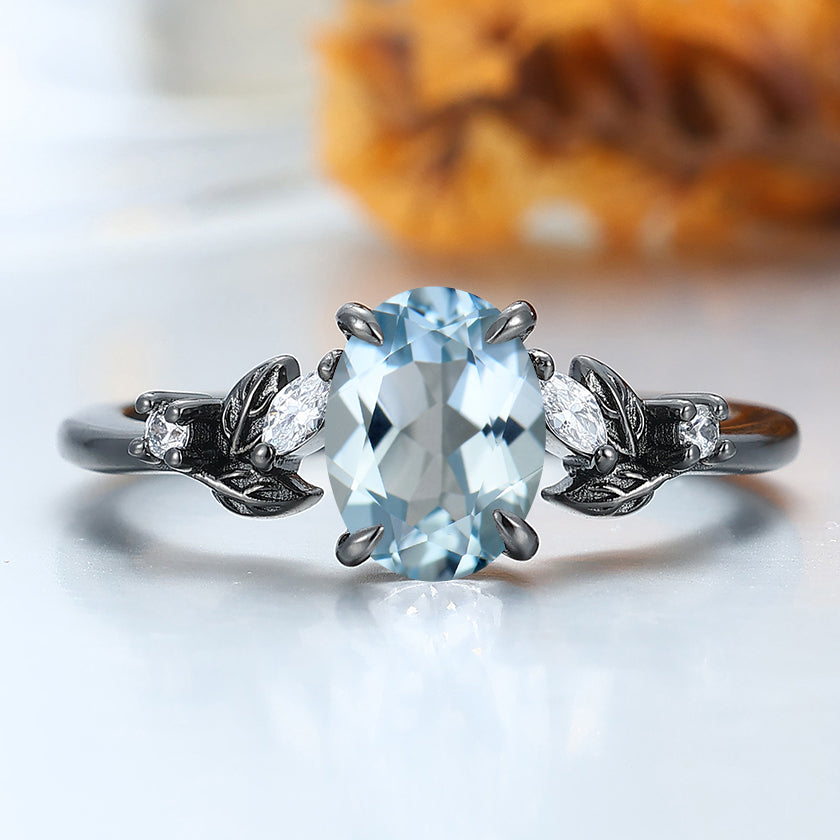 Dainty Leaf Sprig Aquamarine Engagement Ring Prong Setting Bridal Ring Women Ring Gift