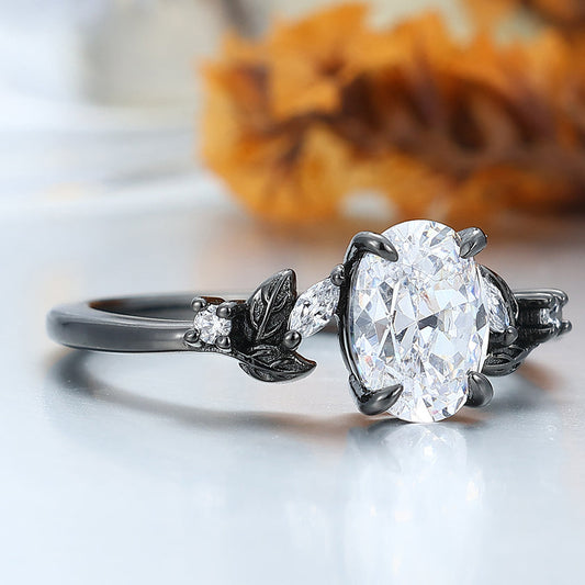 Prongs Setting Oval Moissanite Engagement Ring Black Plated Leaf Wedding Ring