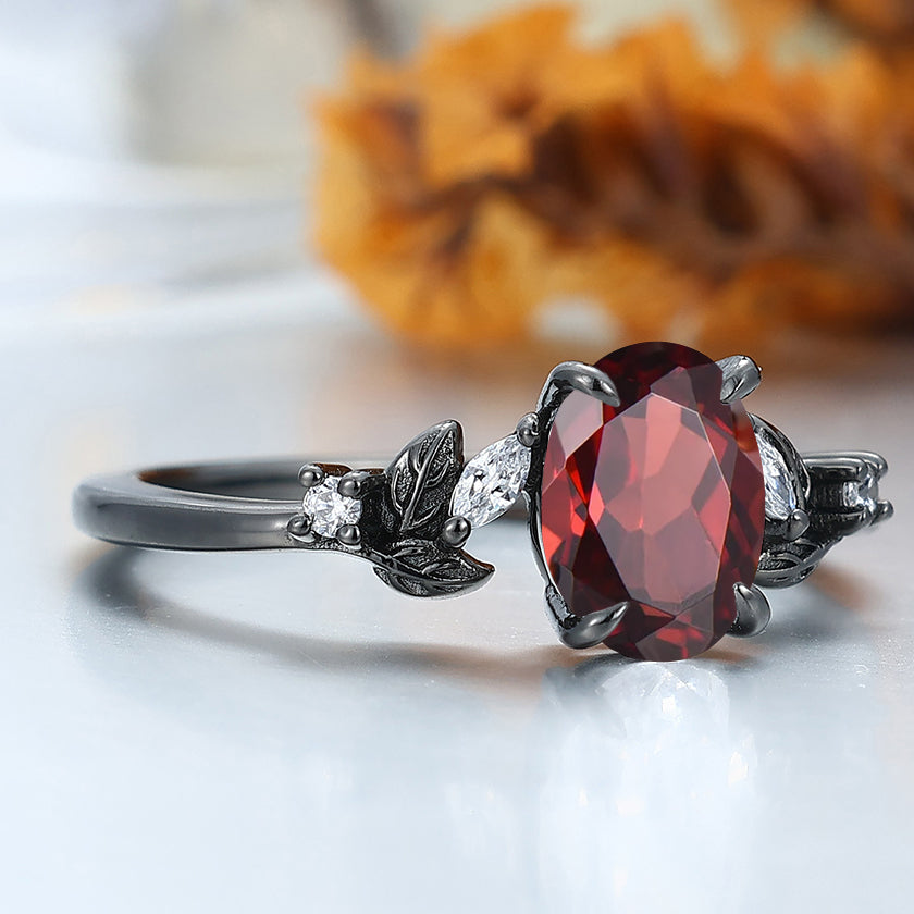 Prongs Setting Oval Nature Red Garnet Engagement Ring Black Plated Leaf Wedding Ring