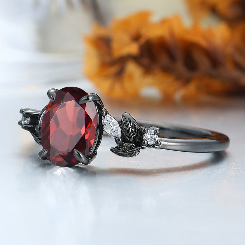 Prongs Setting Oval Nature Red Garnet Engagement Ring Black Plated Leaf Wedding Ring