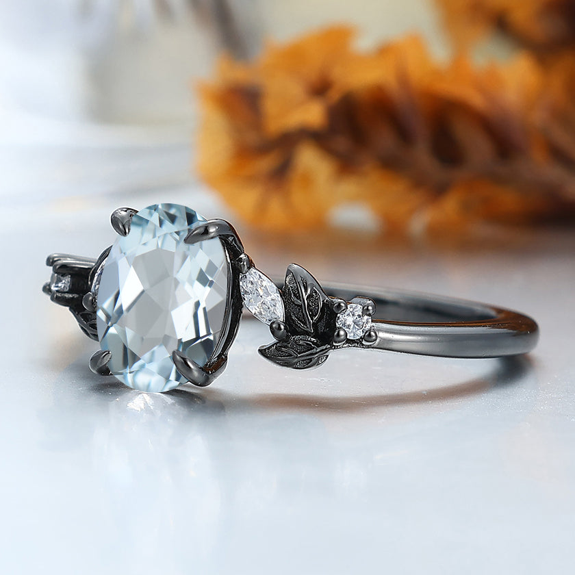 Dainty Leaf Sprig Aquamarine Engagement Ring Prong Setting Bridal Ring Women Ring Gift
