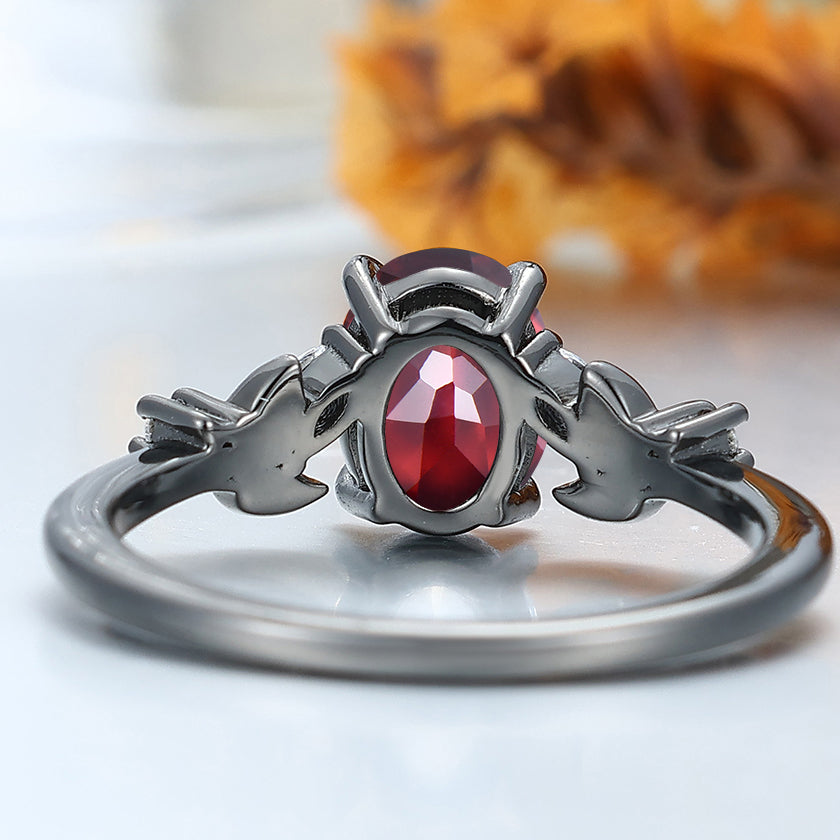 Prongs Setting Oval Nature Red Garnet Engagement Ring Black Plated Leaf Wedding Ring