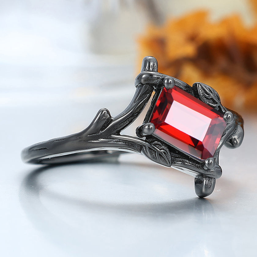 Unique 925 Sterling Silver Emerald Cut Branch Red Garnet Engagement Ring Women Wedding Ring