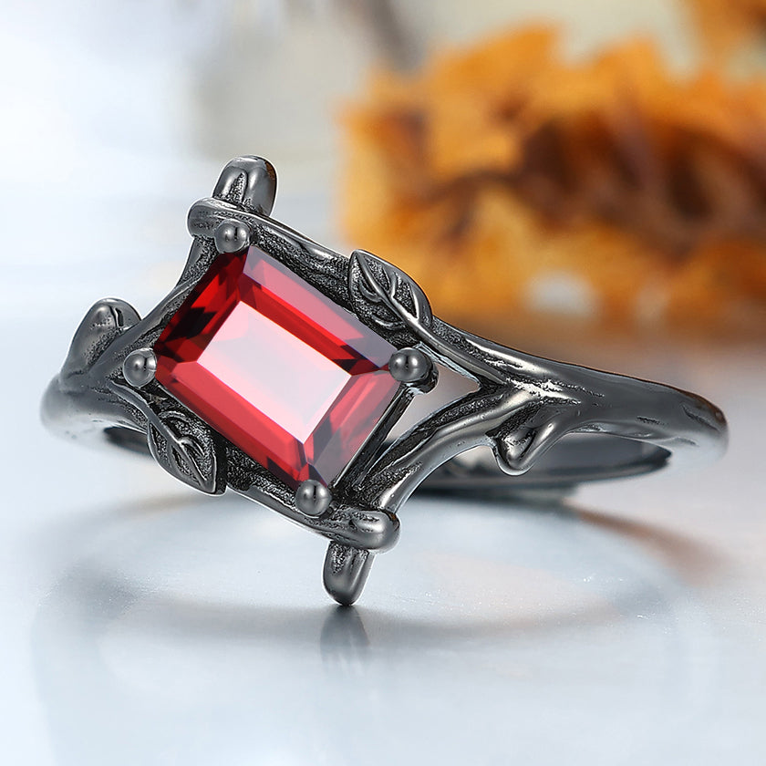 Unique 925 Sterling Silver Emerald Cut Branch Red Garnet Engagement Ring Women Wedding Ring