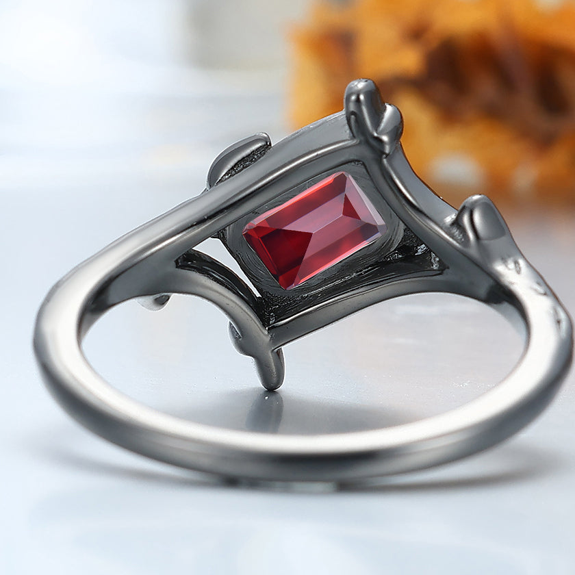 Unique 925 Sterling Silver Emerald Cut Branch Red Garnet Engagement Ring Women Wedding Ring