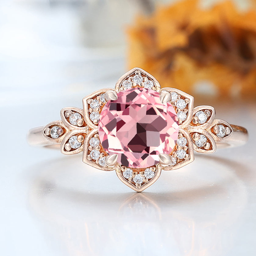 Retro Round Cut Pink Morganite Engagement Ring Floral-inspired Bridal Ring Women Fine Ring
