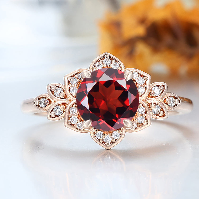 Artsy Cluster Round Nature Red Garnet 10k/14k/18K Gold Engagement Ring Unique Promise Anniversary Bridal Ring