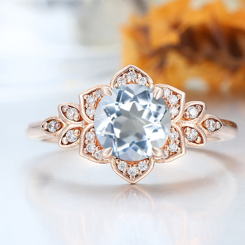 Art Deco Round Aquamarine Engagement Ring Floral Design Solid Gold Handmade Bridal Ring For Her