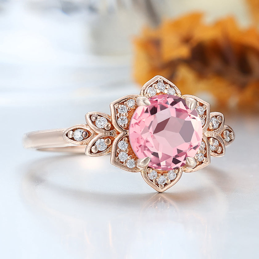Retro Round Cut Pink Morganite Engagement Ring Floral-inspired Bridal Ring Women Fine Ring