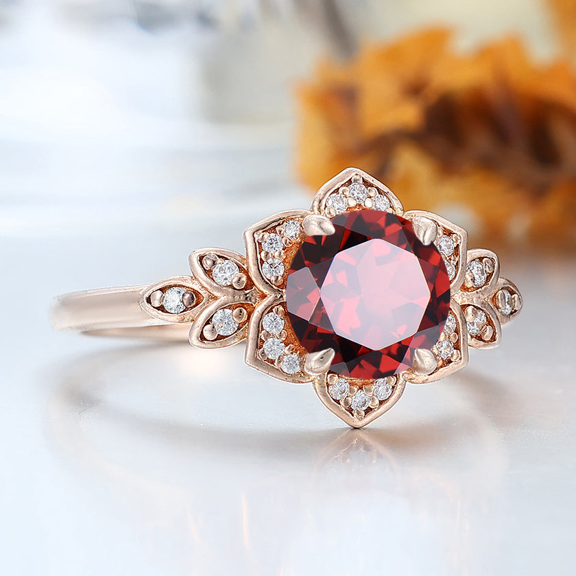 Artsy Cluster Round Nature Red Garnet 10k/14k/18K Gold Engagement Ring Unique Promise Anniversary Bridal Ring