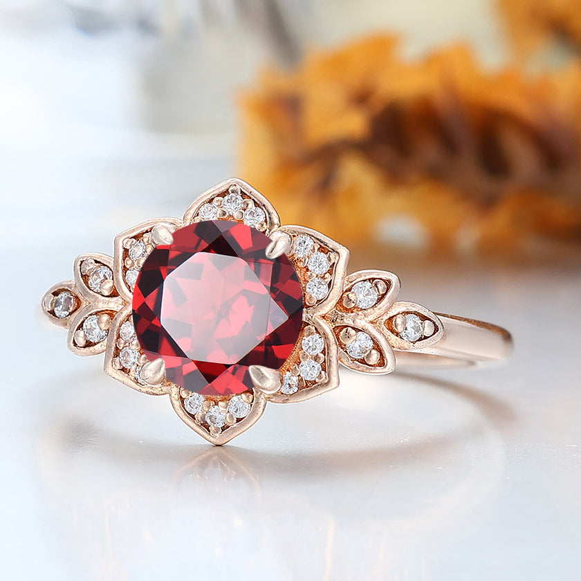 Artsy Cluster Round Nature Red Garnet 10k/14k/18K Gold Engagement Ring Unique Promise Anniversary Bridal Ring