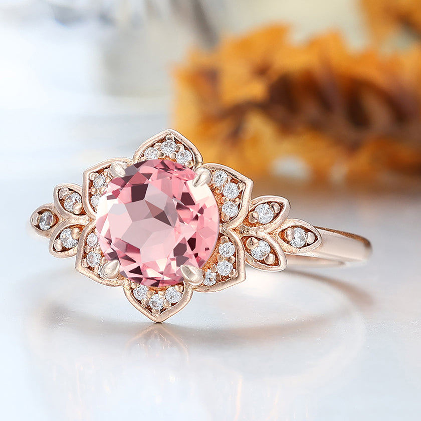 Retro Round Cut Pink Morganite Engagement Ring Floral-inspired Bridal Ring Women Fine Ring