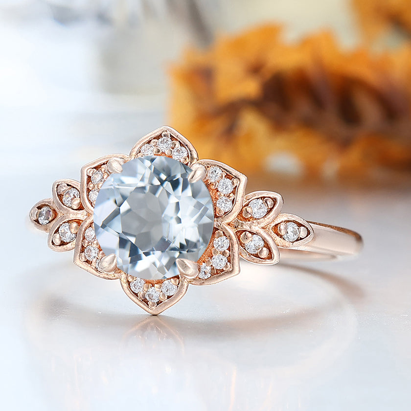 Art Deco Round Aquamarine Engagement Ring Floral Design Solid Gold Handmade Bridal Ring For Her