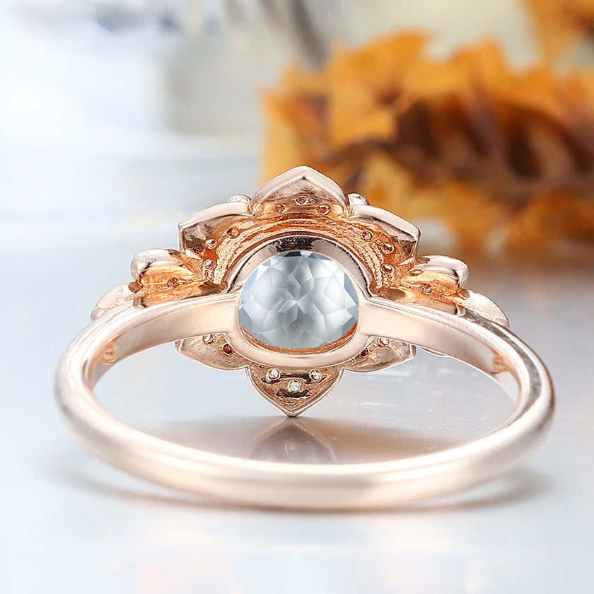 Art Deco Round Aquamarine Engagement Ring Floral Design Solid Gold Handmade Bridal Ring For Her