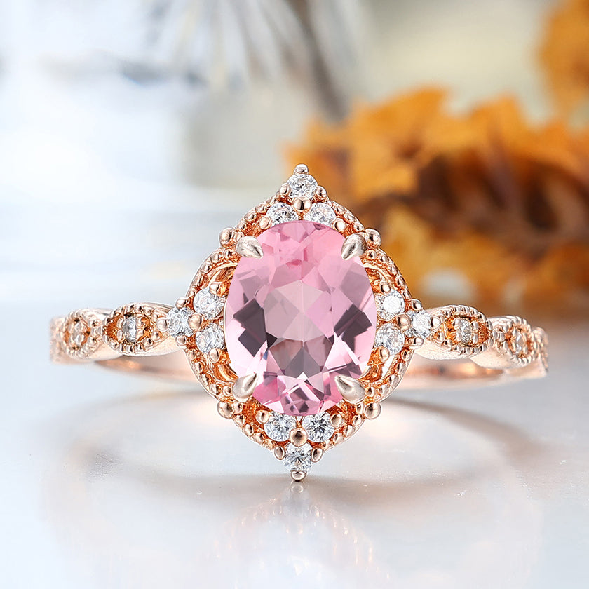 Vintage Pink Morganite Milgrained Bridal Ring Solid Gold Handmade Engagement Ring Women Fine Ring