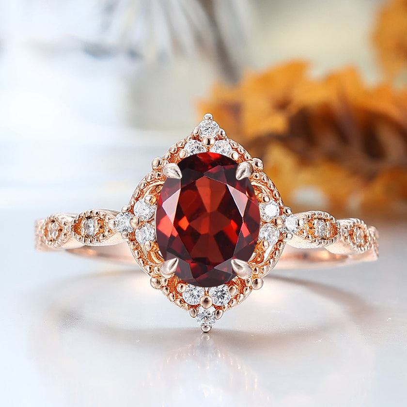 Vintag Oval Cut Nature Red Garnet 14k Rose Gold Ring Milgrained Wedding Ring Promise Bridal Ring