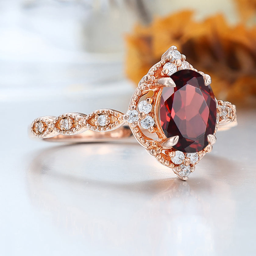 Vintag Oval Cut Nature Red Garnet 14k Rose Gold Ring Milgrained Wedding Ring Promise Bridal Ring
