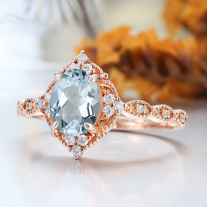 Antique Milgrained Blue Aquamarine Bridal Ring 14K Solid Gold Handmade Engagement Women Ring