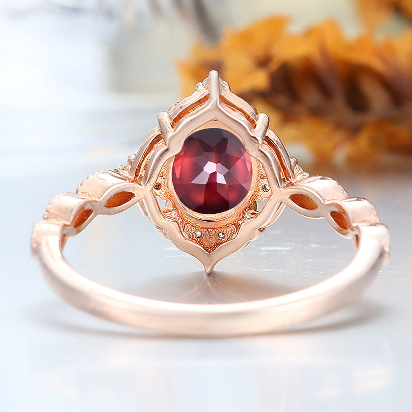 Vintag Oval Cut Nature Red Garnet 14k Rose Gold Ring Milgrained Wedding Ring Promise Bridal Ring