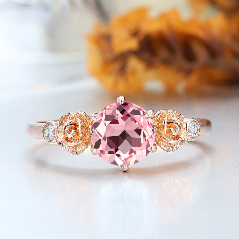 Dainty Round Cut Morganite Engagement Ring Rose Shape Bridal Ring Pink Morganite Women Ring