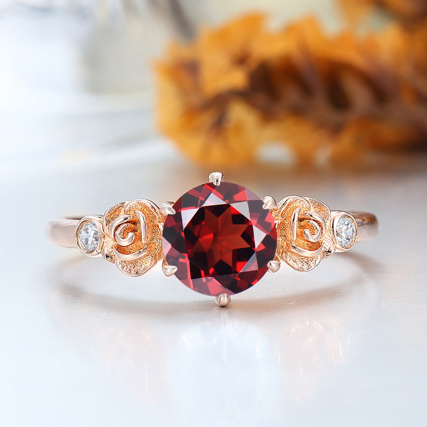 Noble 14k Rose Gold  Round Cut Nature Red Garnet Rose Shaped Wedding Ring Women Fine Ring