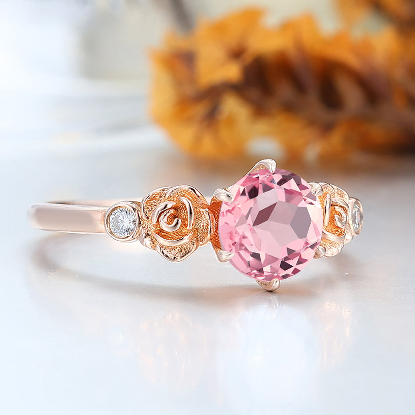 Dainty Round Cut Morganite Engagement Ring Rose Shape Bridal Ring Pink Morganite Women Ring