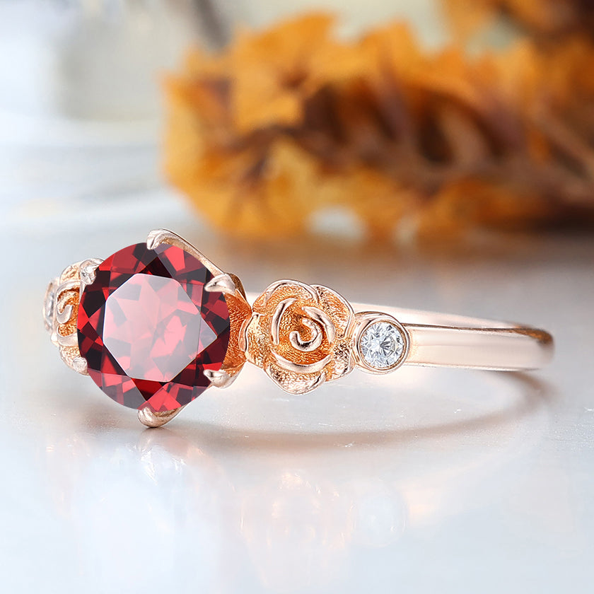 Noble 14k Rose Gold  Round Cut Nature Red Garnet Rose Shaped Wedding Ring Women Fine Ring