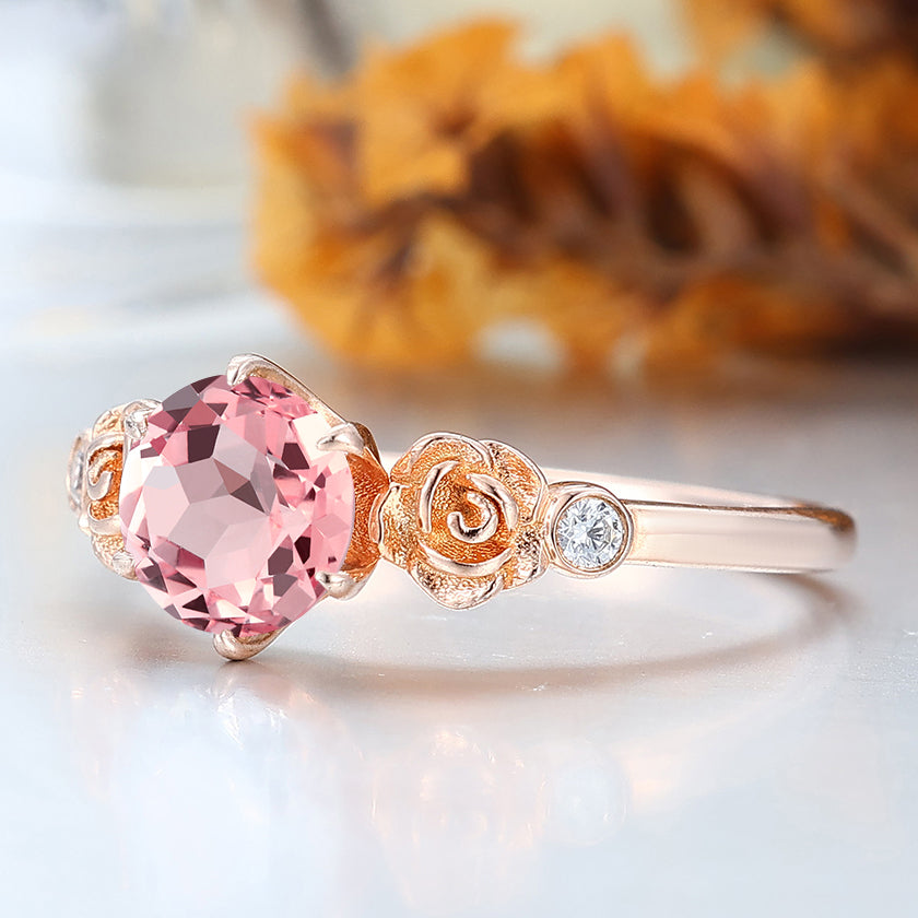 Dainty Round Cut Morganite Engagement Ring Rose Shape Bridal Ring Pink Morganite Women Ring