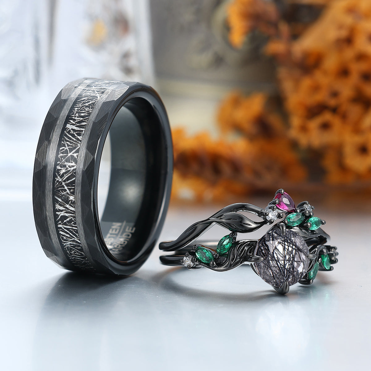 Stylish Black Rutilated Quartz Vines Engagement Couple Rings Matching Meteorite Tungsten Wedding Band Personalized Couples' Set