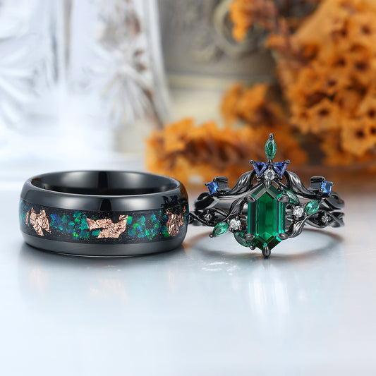 Delicate Emerald Blade Hollow Engagement Couple Rings Matching Colorful Tungsten Wedding Band For Men And Women