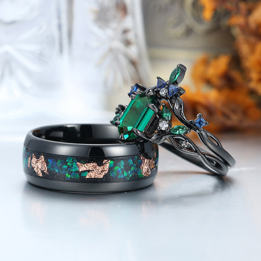 Delicate Emerald Blade Hollow Engagement Couple Rings Matching Colorful Tungsten Wedding Band For Men And Women