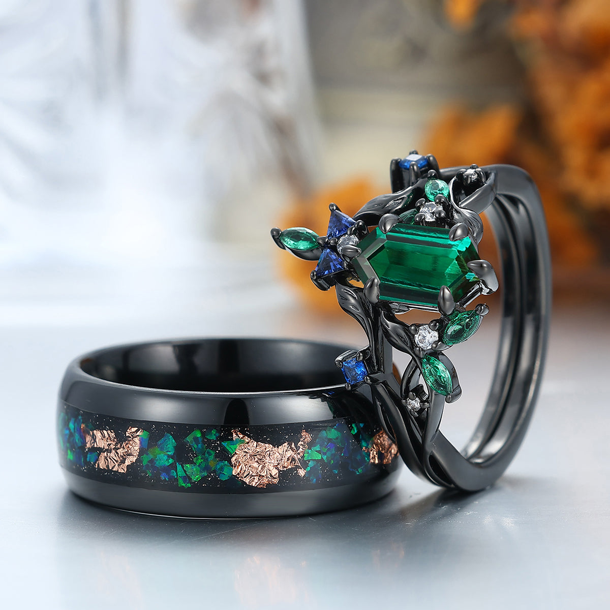 Delicate Emerald Blade Hollow Engagement Couple Rings Matching Colorful Tungsten Wedding Band For Men And Women