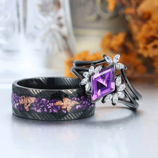 Delicate Amethyst Petal Engagement Couple Rings Set Matching Promise Purple Damascus Steel Wedding Band