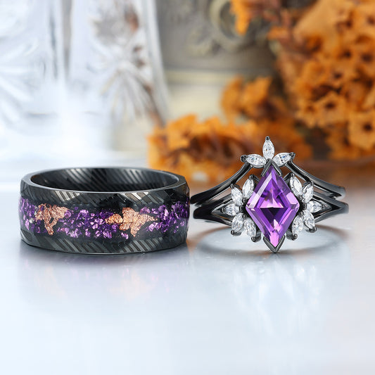 Delicate Amethyst Petal Engagement Couple Rings Set Matching Promise Purple Damascus Steel Wedding Band