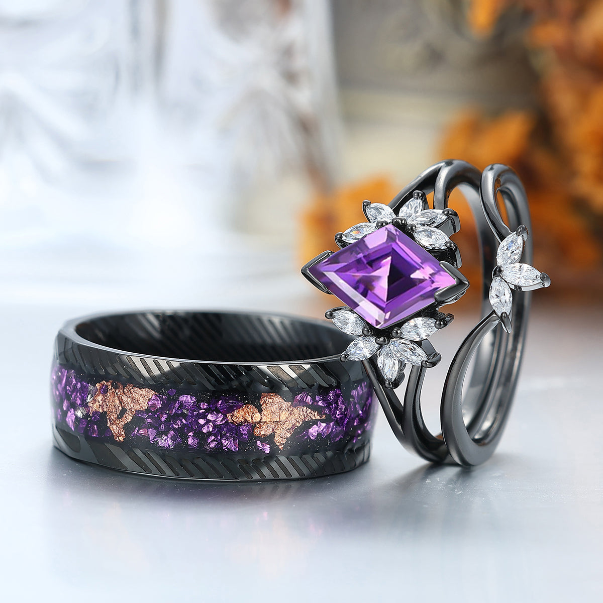 Delicate Amethyst Petal Engagement Couple Rings Set Matching Promise Purple Damascus Steel Wedding Band