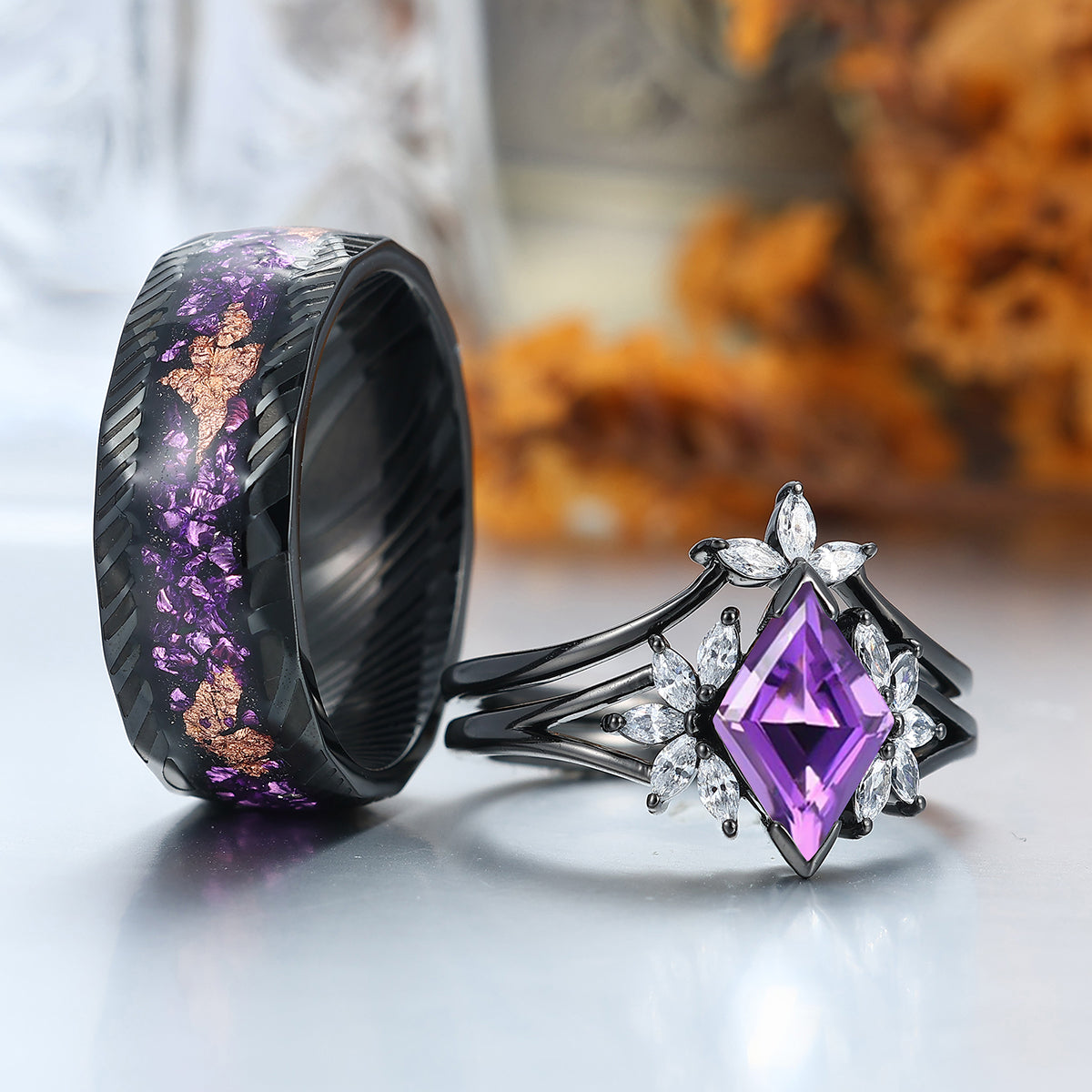 Delicate Amethyst Petal Engagement Couple Rings Set Matching Promise Purple Damascus Steel Wedding Band