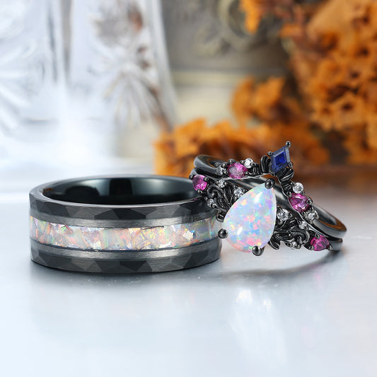 Exquisite Pink White Opal Vines Prongs Setting Engagement Couple Rings Matching Black Plated Hammered Tungsten Wedding Band