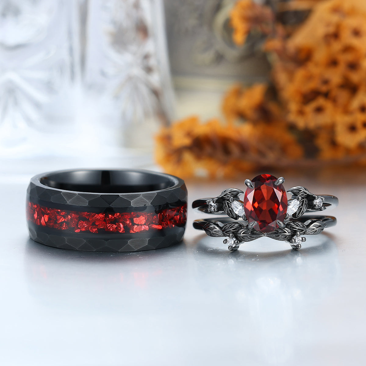 Elegant Red Garnet Leaf Accents Engagement Rings For Couples Hammered Ruby Tungsten Bands