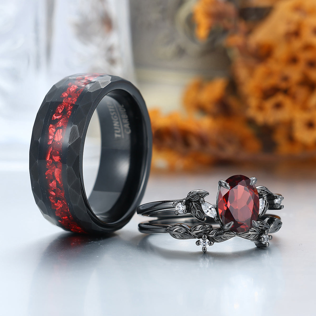 Elegant Red Garnet Leaf Accents Engagement Rings For Couples Hammered Ruby Tungsten Bands