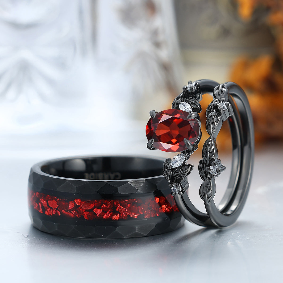 Elegant Red Garnet Leaf Accents Engagement Rings For Couples Hammered Ruby Tungsten Bands