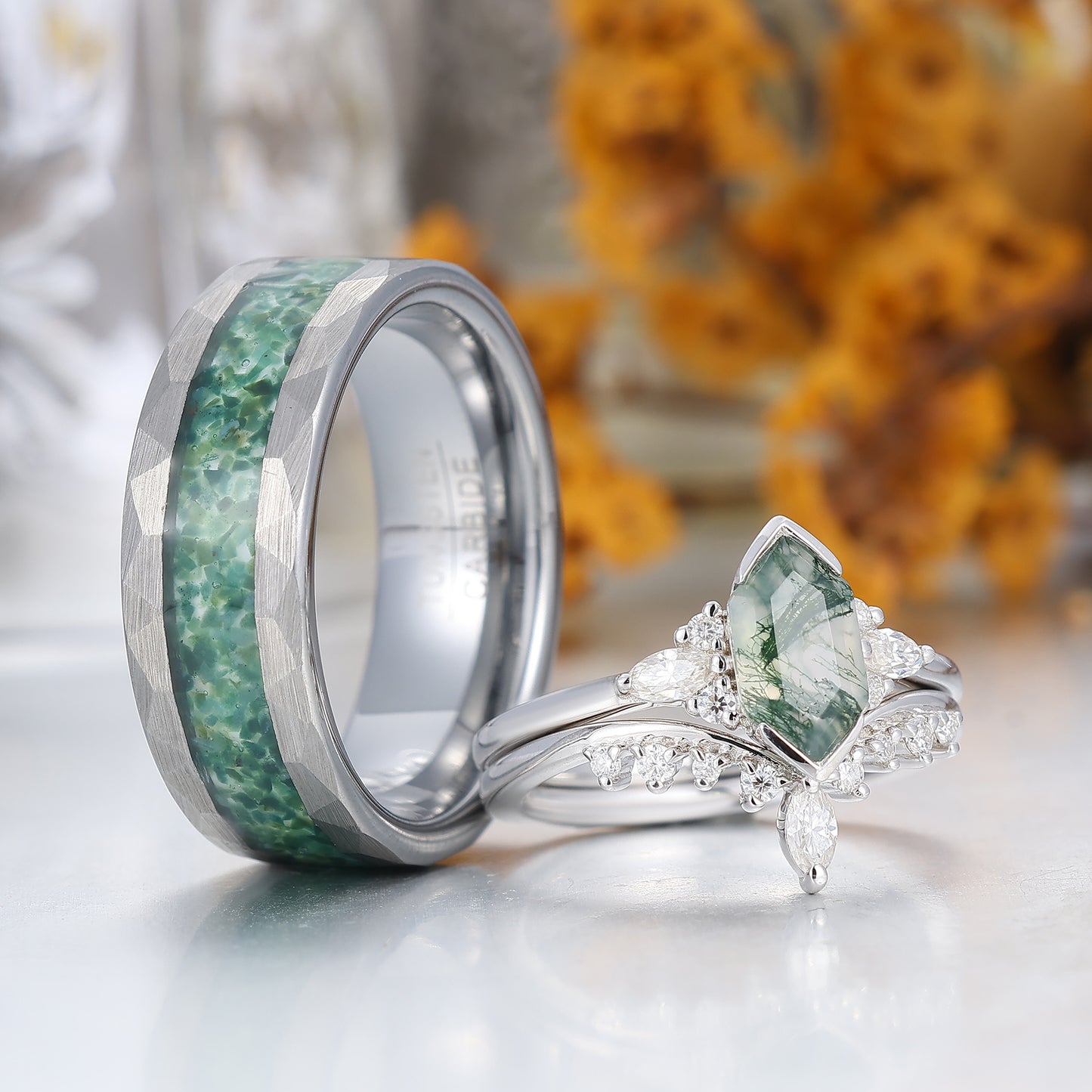 Vintage Long Hexagon Cut Moss Agate Couple Ring Set Green Matching Ring For Men For Women