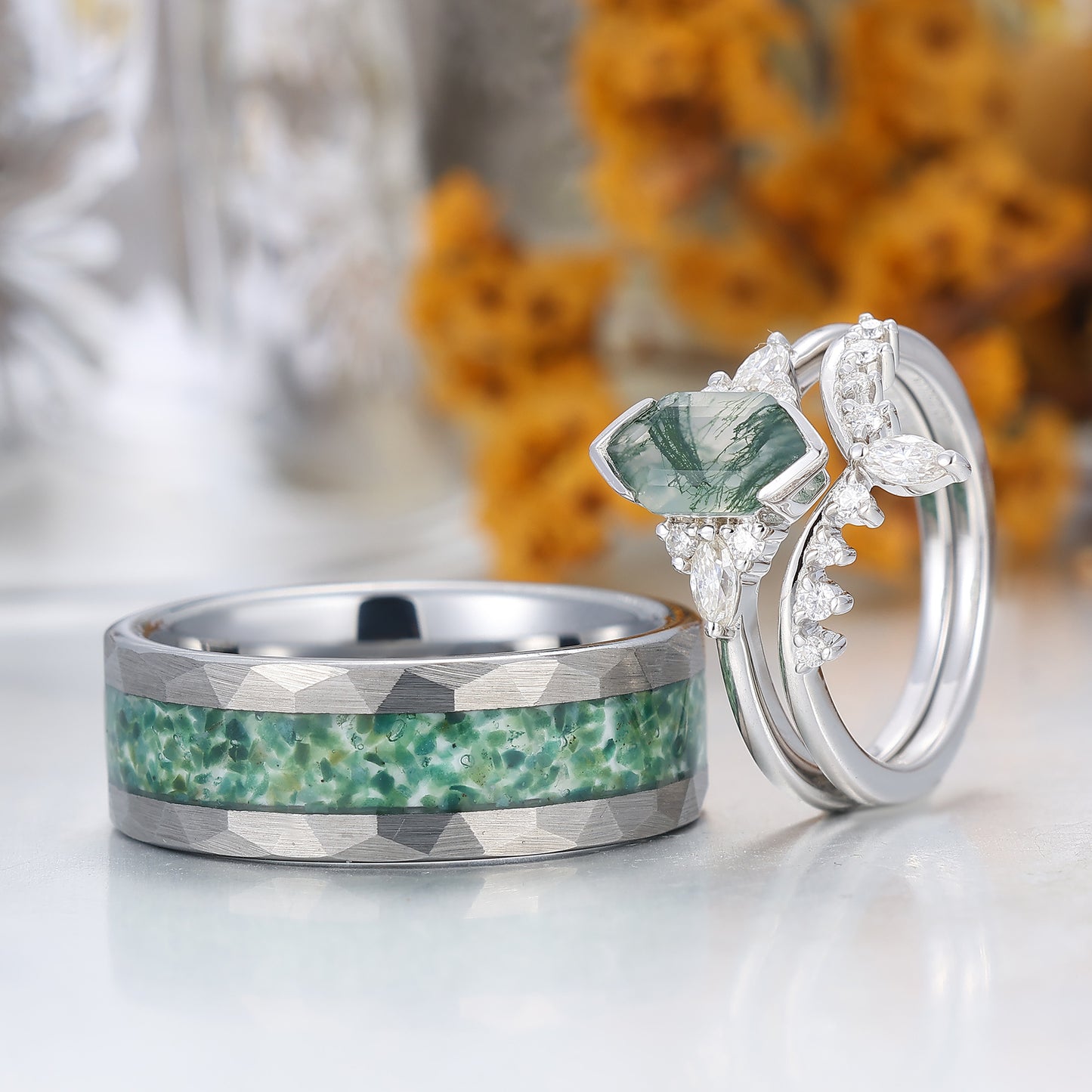 Vintage Long Hexagon Cut Moss Agate Couple Ring Set Green Matching Ring For Men For Women