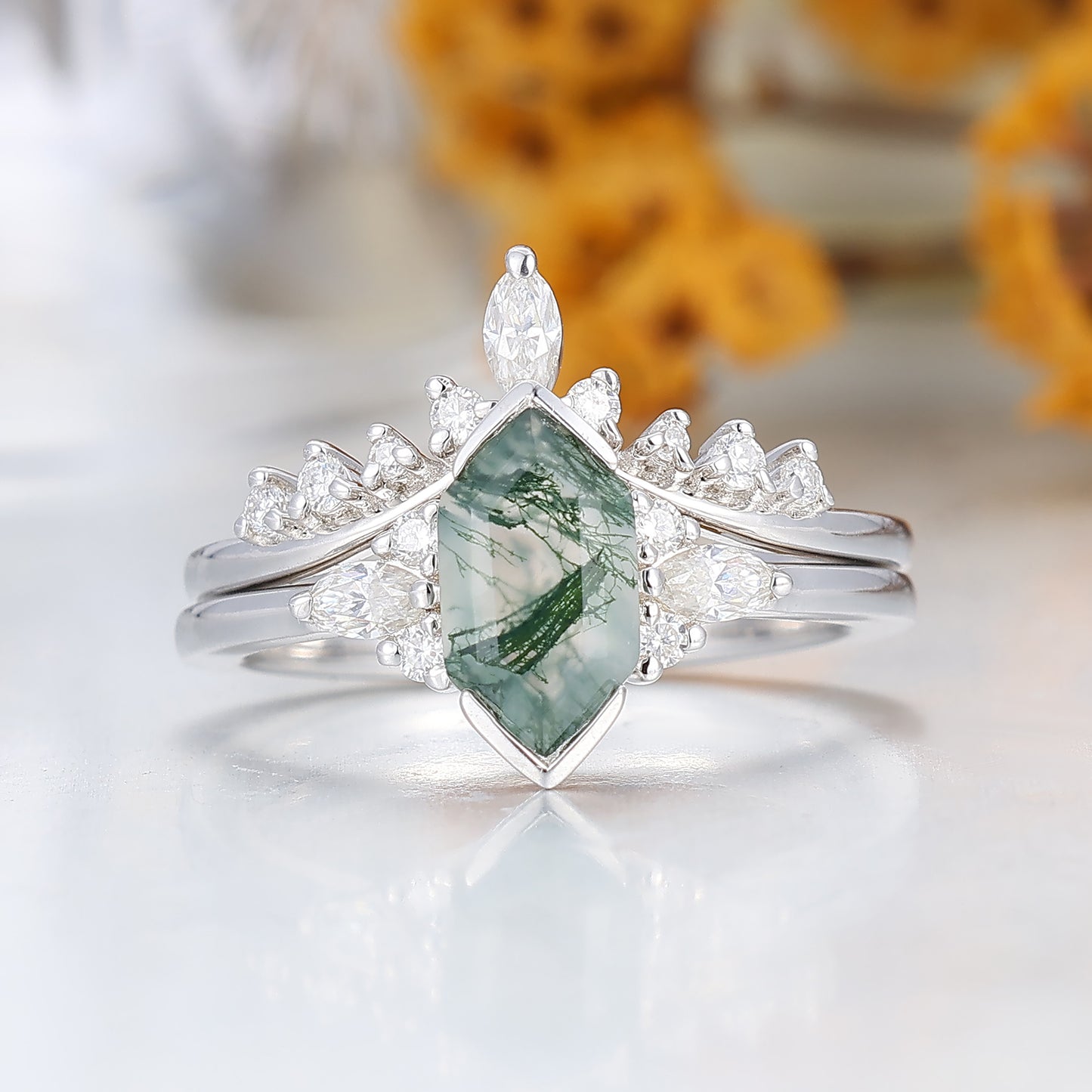 Vintage Long Hexagon Cut Moss Agate Couple Ring Set Green Matching Ring For Men For Women