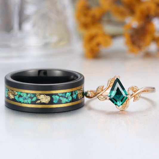 Dainty Kite Cut Emerald His And Hers Rings Green Emerald Leaf Twigs Style Couple Ring