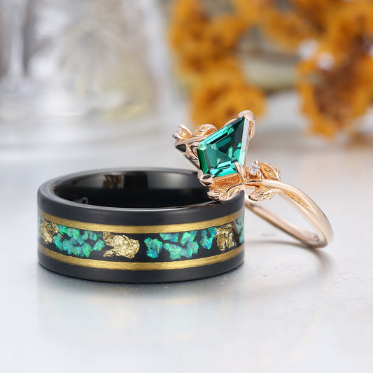 Dainty Kite Cut Emerald His And Hers Rings Green Emerald Leaf Twigs Style Couple Ring