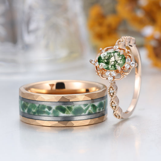 Vintage Natural Moss Agate Milgrained Filigreed Couples Ring Matching Rings Wedding Ring Set